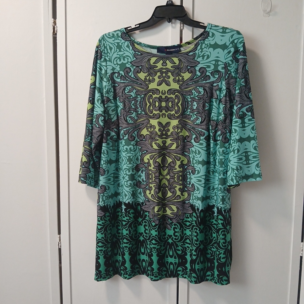 Denim 24/7 Women’s Size 1X Multi Color Floral 3/4 Sleeves Stretch Blouse /Dress